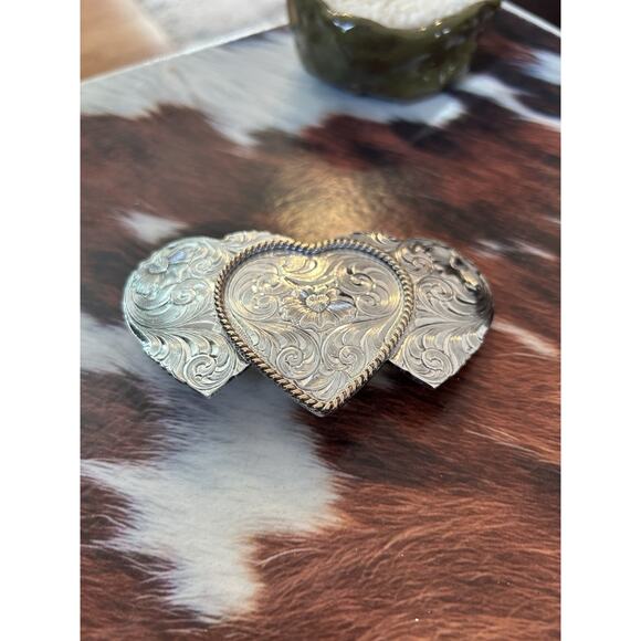 Sterling Silver Plate Montana Silversmiths Triple Heart Belt Buckle Western - Picture 10 of 10